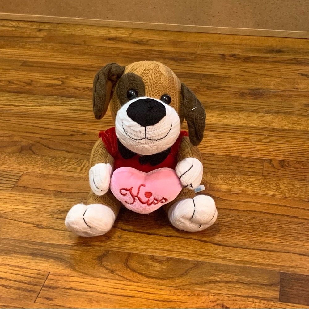 Kids of America 11” Brown Plush Puppy Dog a pink heart. 
coat red shirt/bow tie